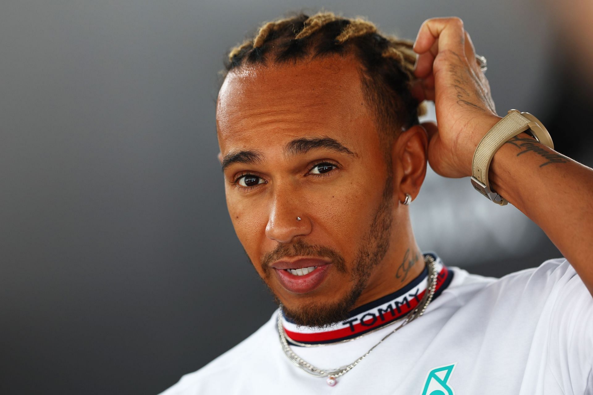 Lewis Hamilton speaks to the media ahead of the 2022 F1 Canadian GP. (Photo by Clive Rose/Getty Images)