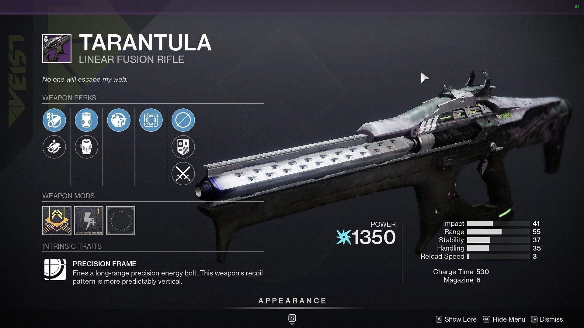 This week&#039;s Tarantula Linear Fusion Rifle (Image via Destiny 2)