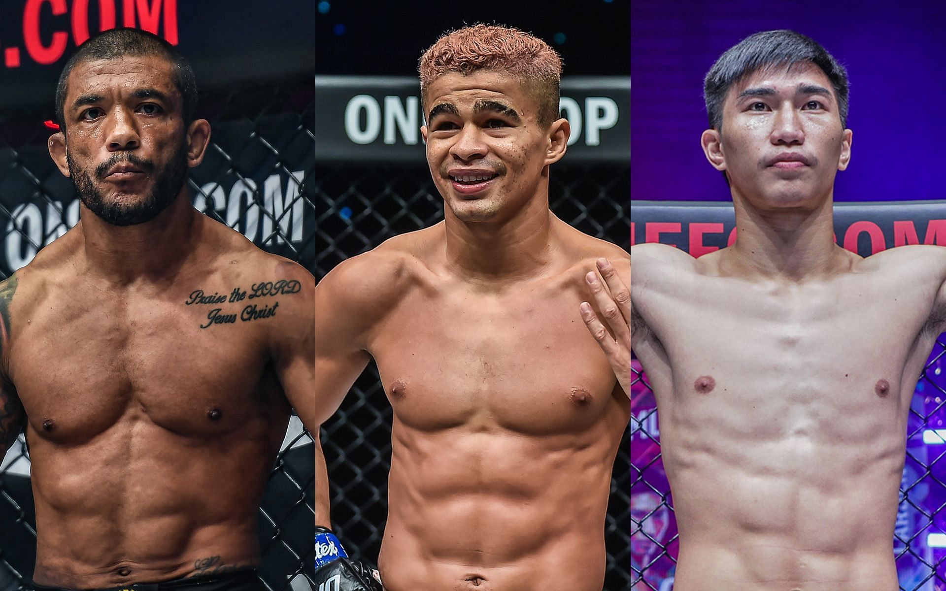 Alex Silva (left), Fabricio Andrade (center), and Tawanchai PK.Saenchai (right) won performance bonuses at ONE 158. | [Photos: ONE Championship]