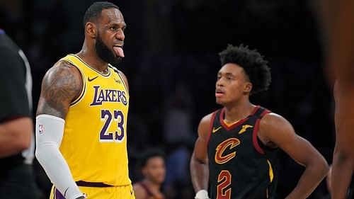 LeBron James of the LA Lakers and Collin Sexton of the Cleveland Cavaliers