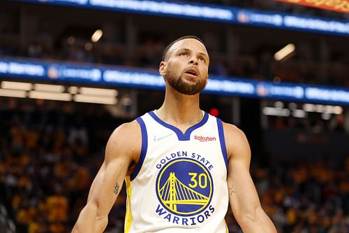 Steph Curry of the Golden State Warriors reacts during the second quarter against the Boston Celtics.