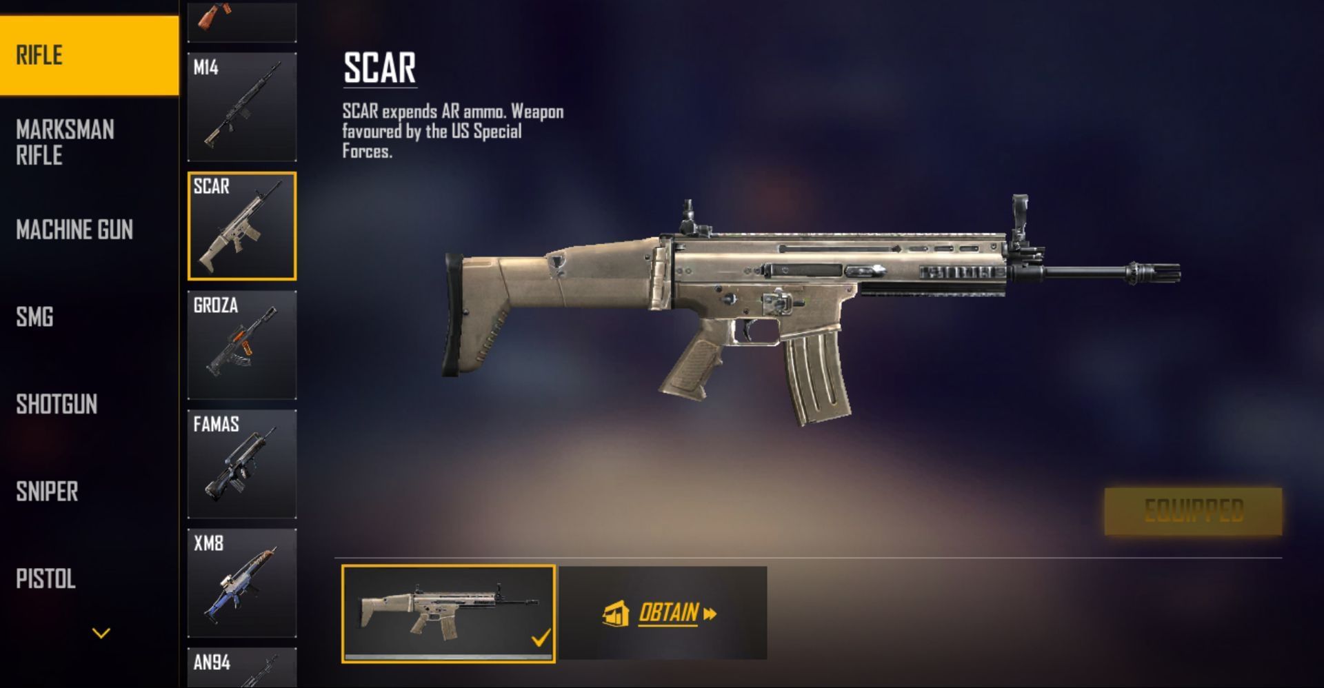 SCAR stands as one of the best options in the AR category of Free Fire MAX (Image via Garena)