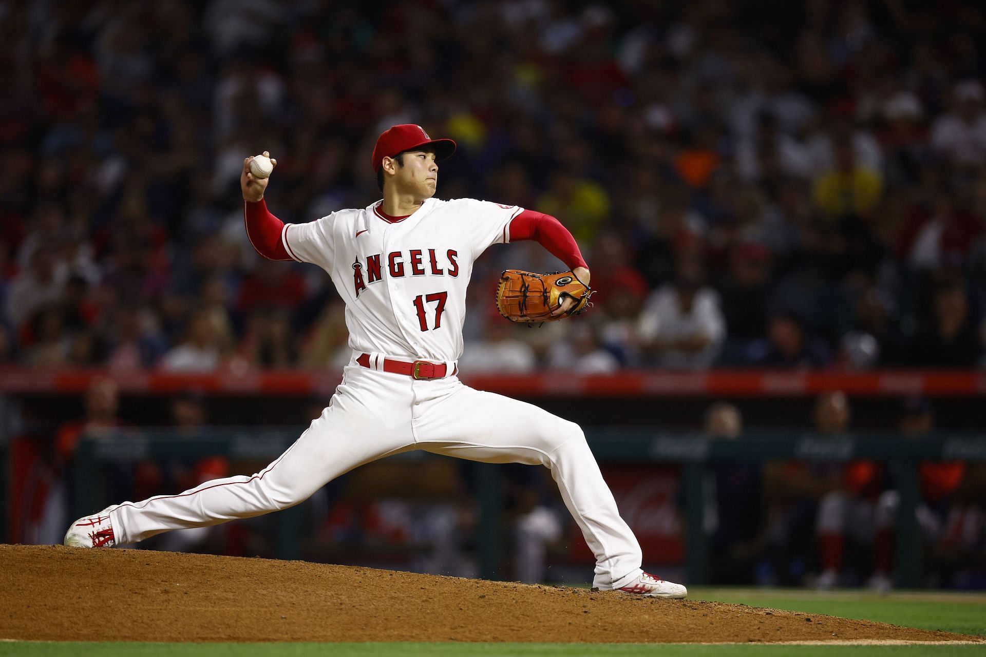 Shohei Ohtani fires a pitch during a Boston Red Sox v Los Angeles Angels game.