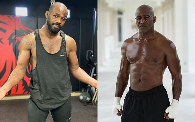 Watch: Evander Holyfield tries out MMA gloves, catches up with Jon Jones at PFL 5