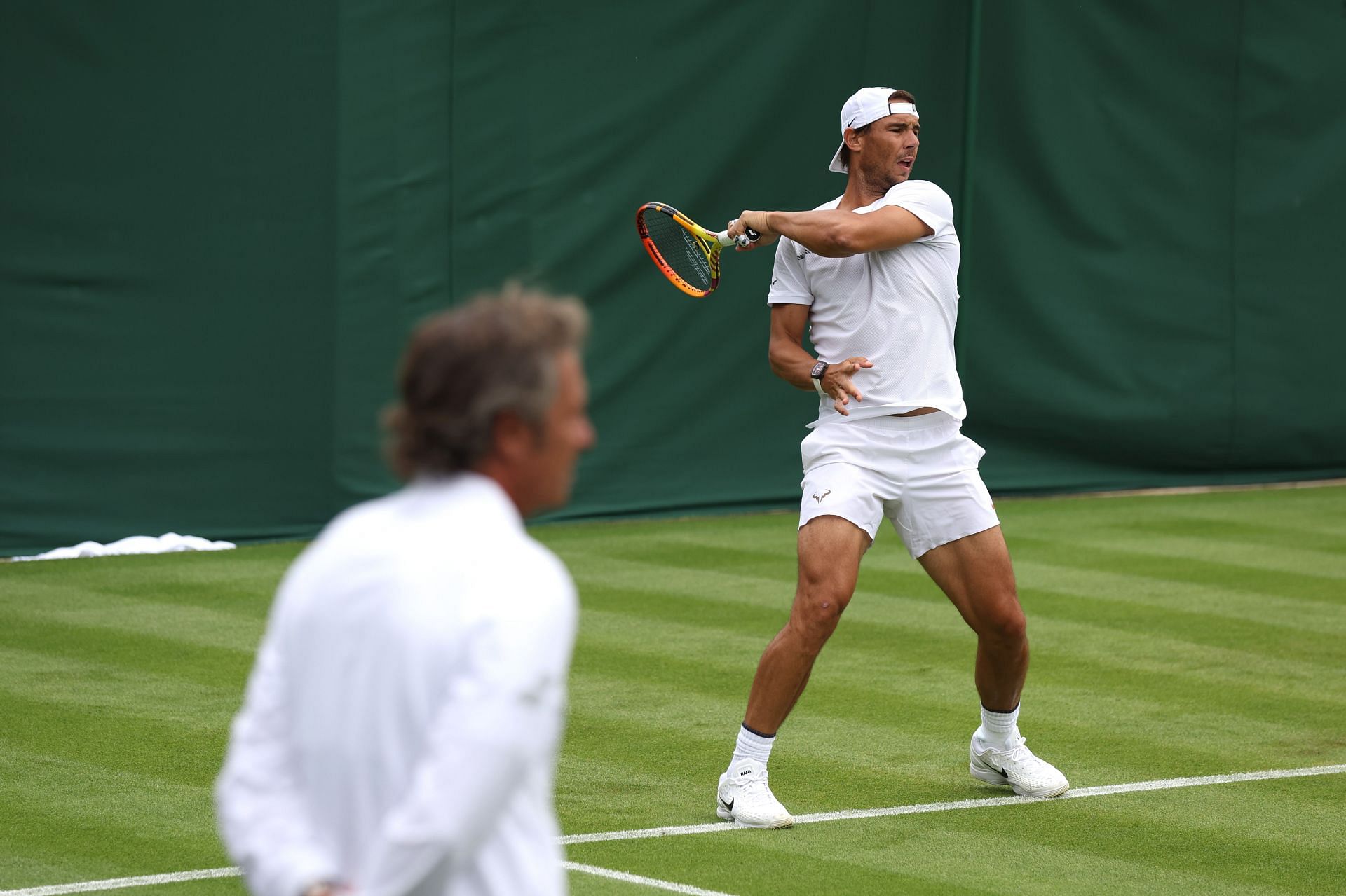 Rafael Nadal at a practice session ahead of the 2022 Wimbledon.
