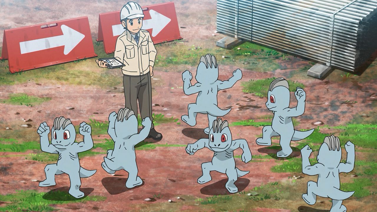 A group of Machop as they appear in the anime (Image via The Pokemon Company)