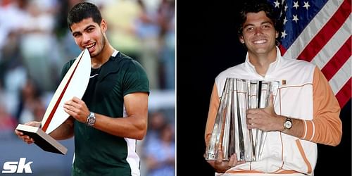 Carlos Alcaraz (L) and Taylor Fritz pose with the Barcelona Open and Indians Wells trophies respectively