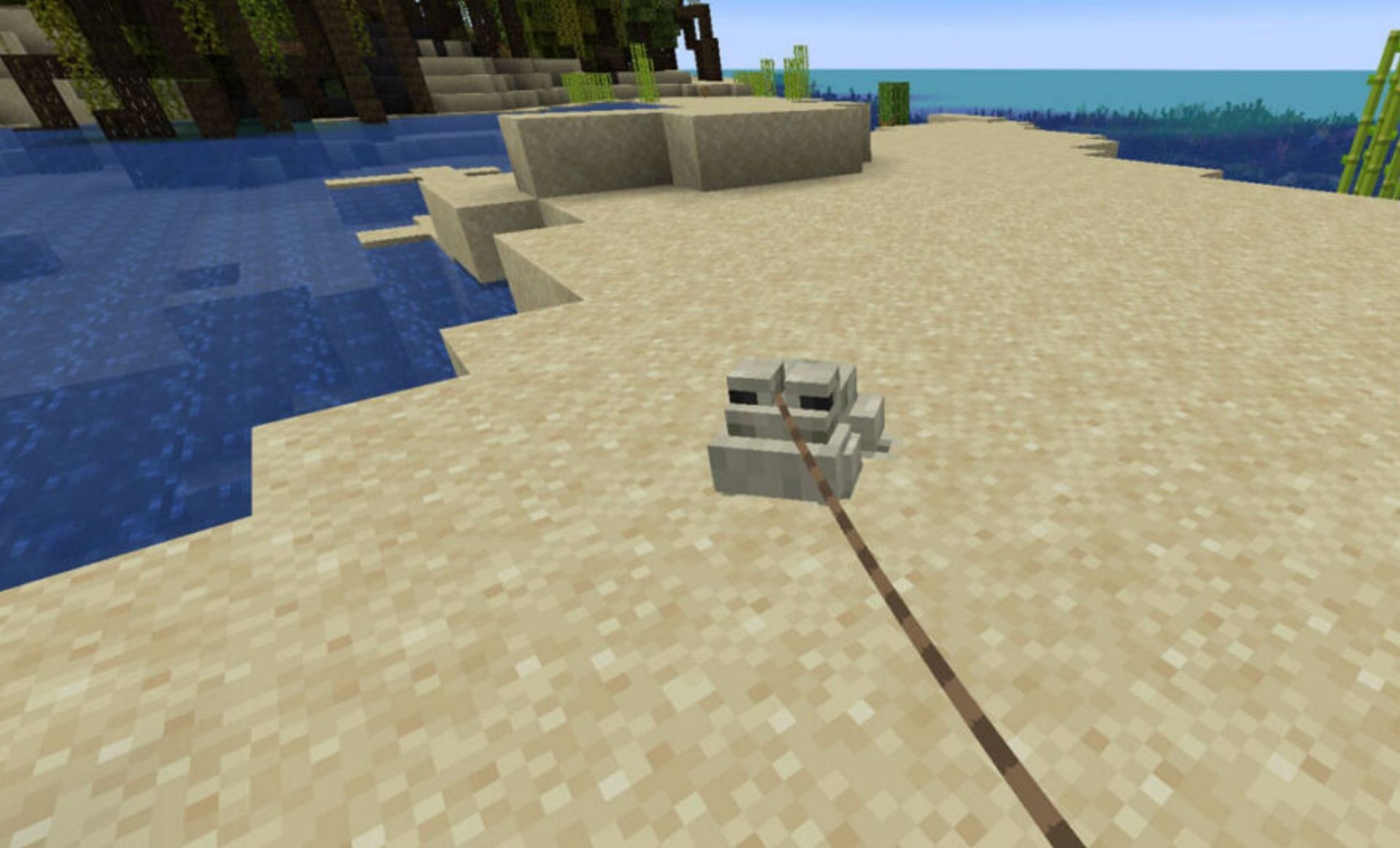 A frog on a lead will follow players, albeit slowly (Image via Mojang)