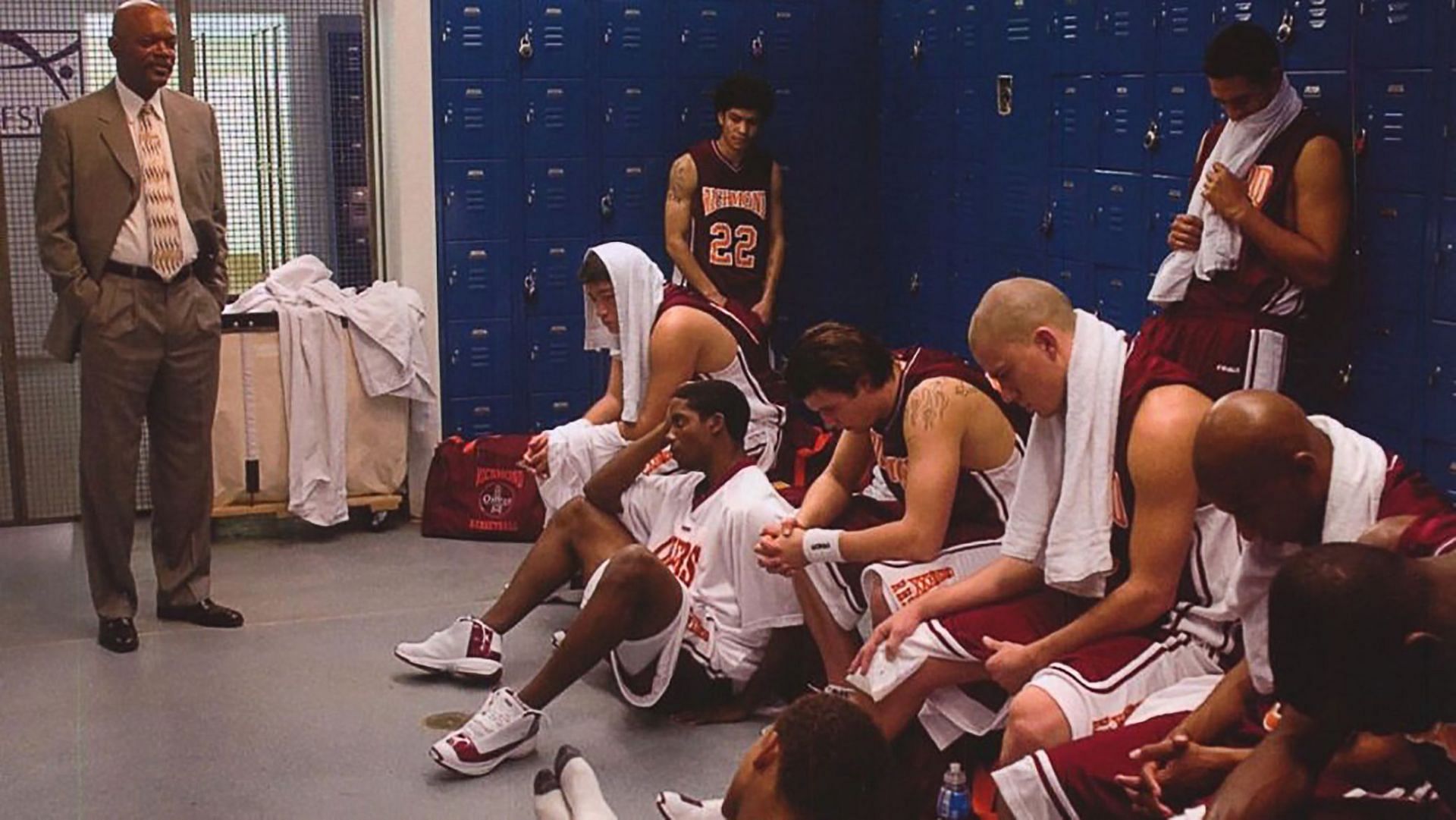 Coach Carter talks with his team in the locker room (Image via Paramount)