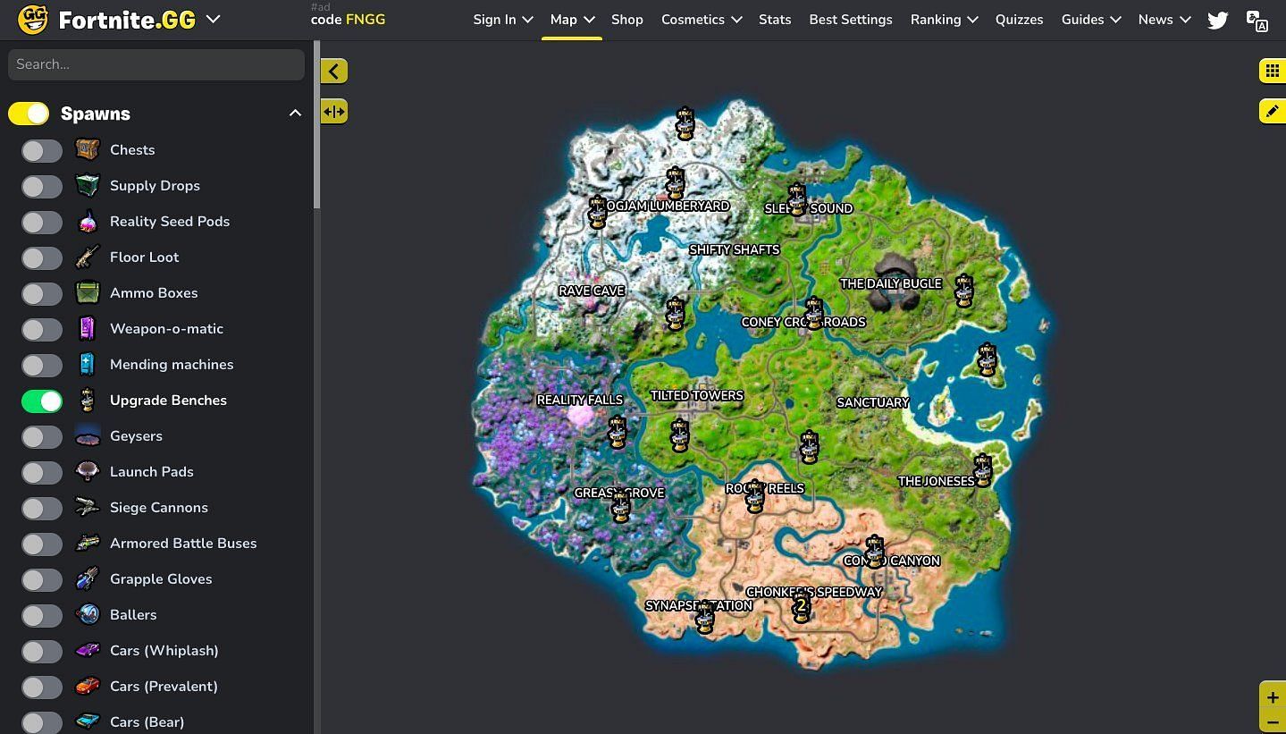 Location of all upgrade benches across the map, for the new week 3 challenge. (Image via Sportskeeda)
