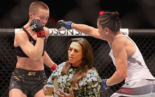 Rose Namajunas (left), Joanna Jedrzejczyk (center), and Carla Esparza (right) (Images via Getty and YouTube/@Daniel Cormier)