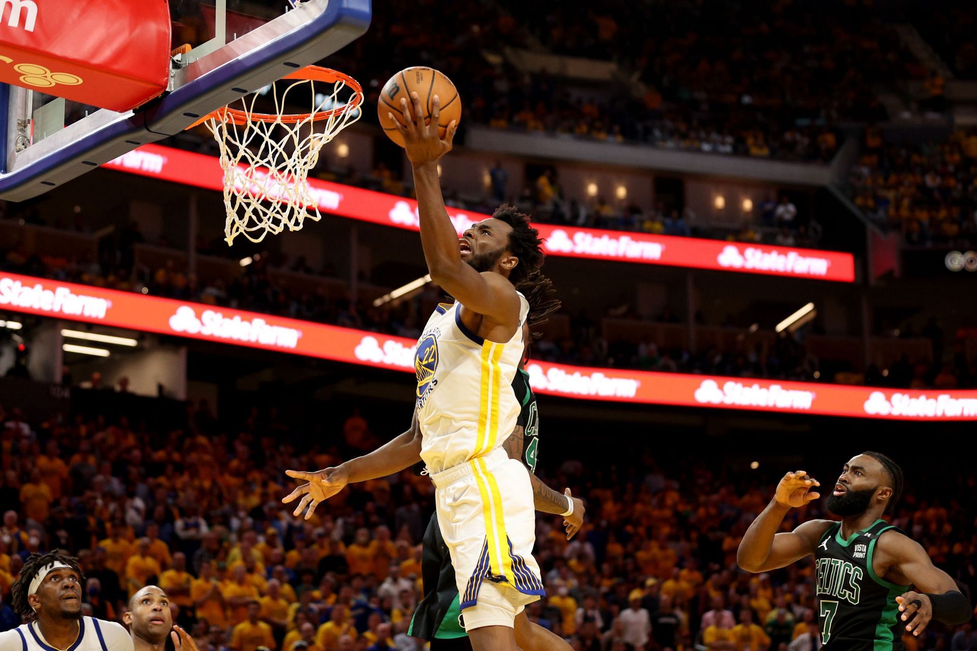 Andrew Wiggins attempts a layup during 2022 NBA Finals - Game Five