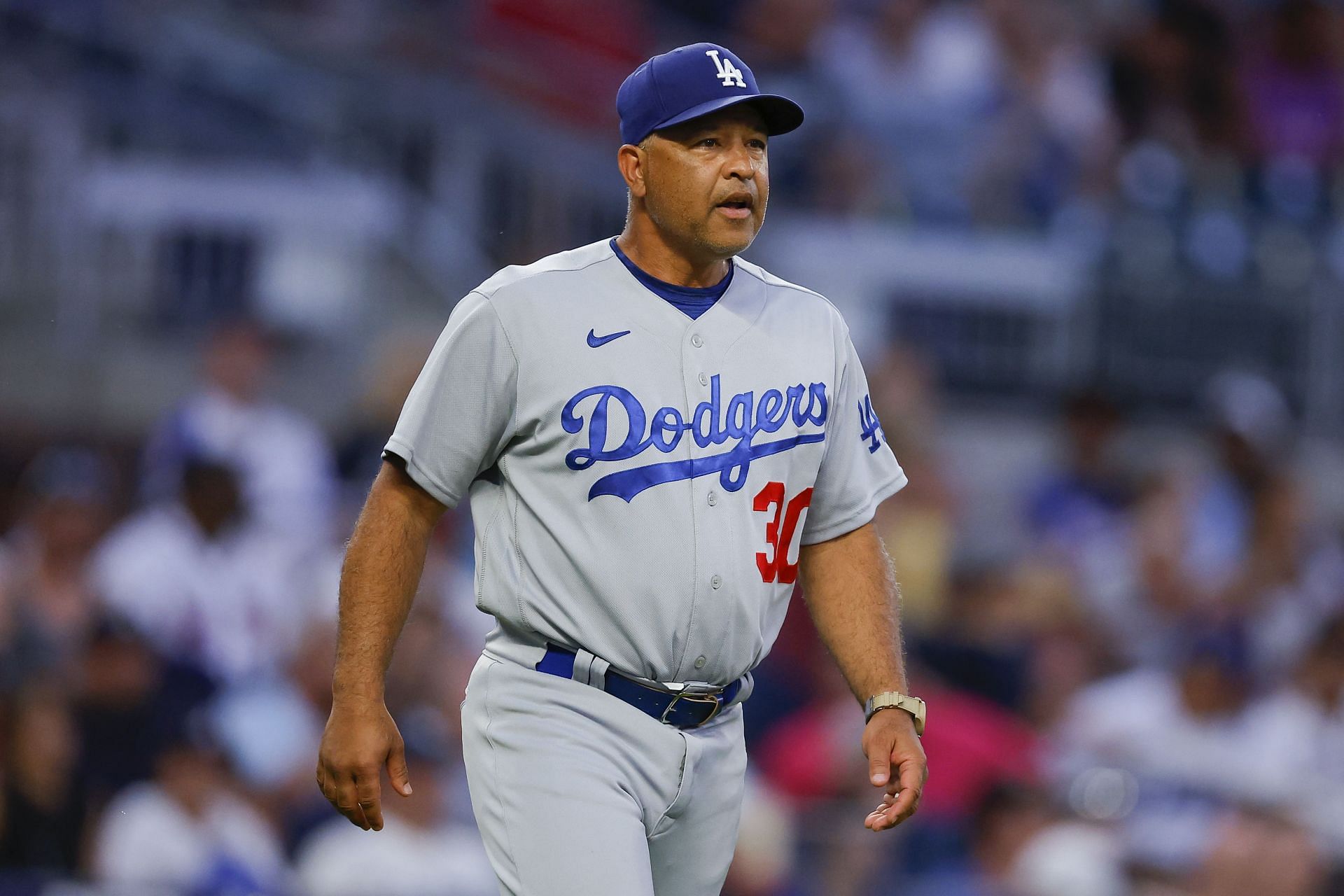 Dave Roberts makes a pitching changes, Los Angeles Dodgers v Atlanta Braves.
