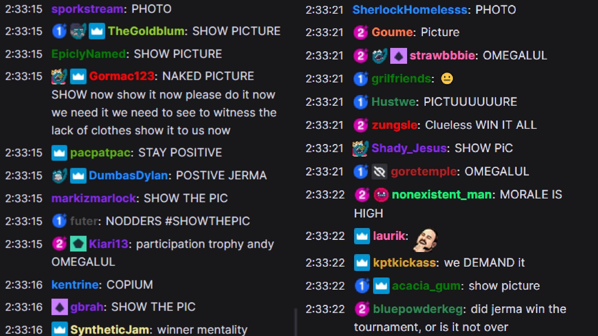 Chat wanting to see the pic (Image via his Twitch)