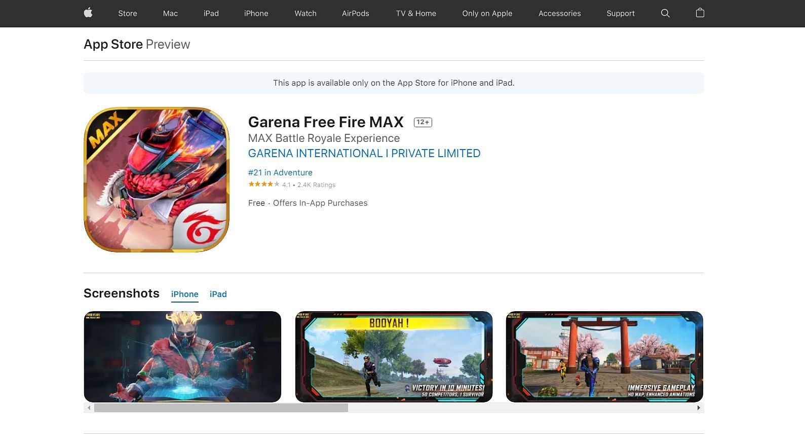 Free Fire&#039;s MAX variant on iOS/iPadOS (Image via App Store)