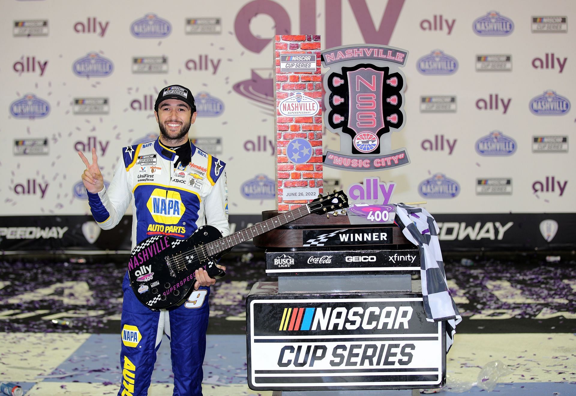 Chase Elliott celebrates in victory lane after winning the NASCAR Cup Series Ally 400 at Nashville Superspeedway (Photo by Meg Oliphant/Getty Images)