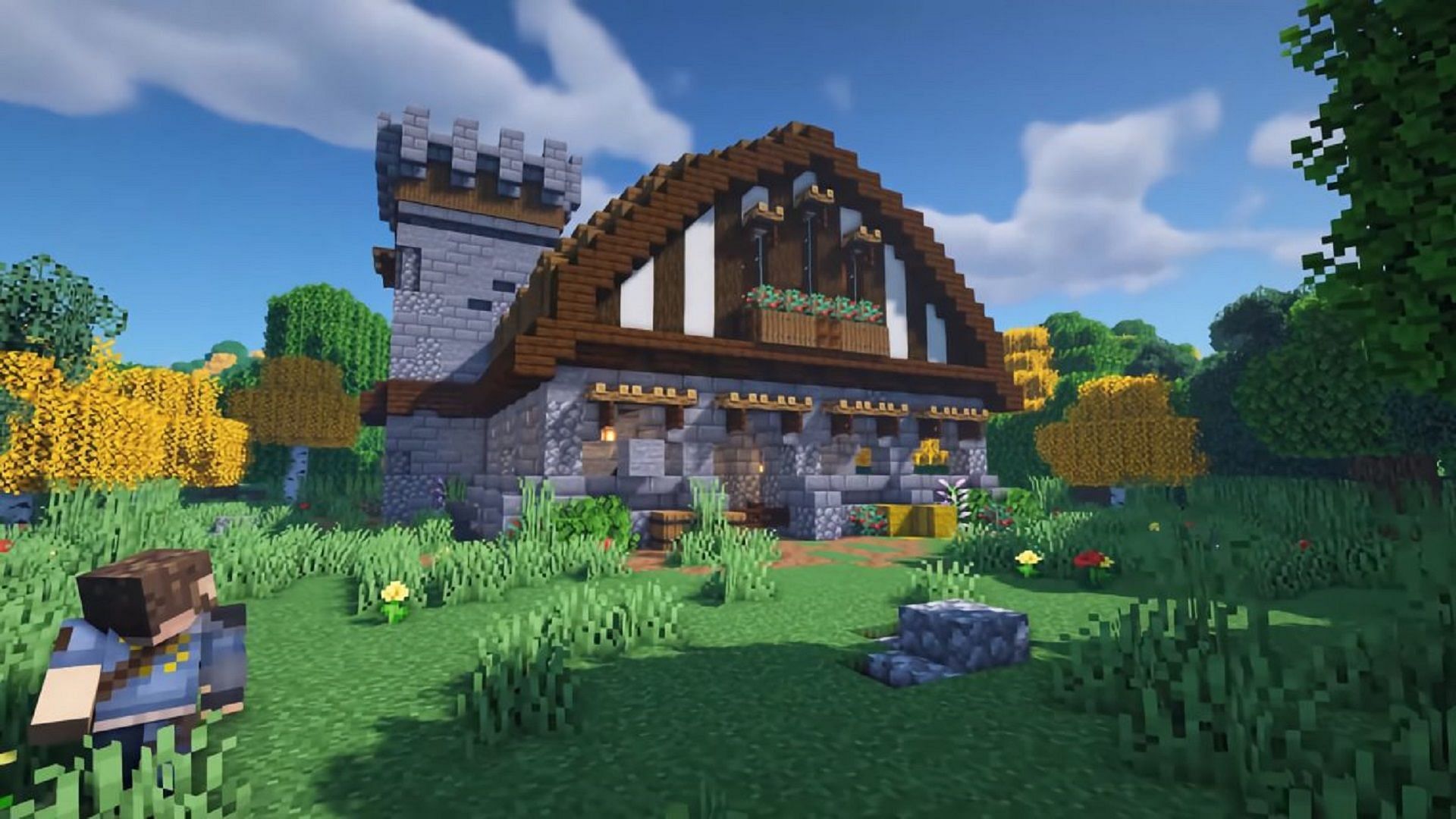 This barn design features a defense turret (Image via TheMythicalSausage/YouTube)