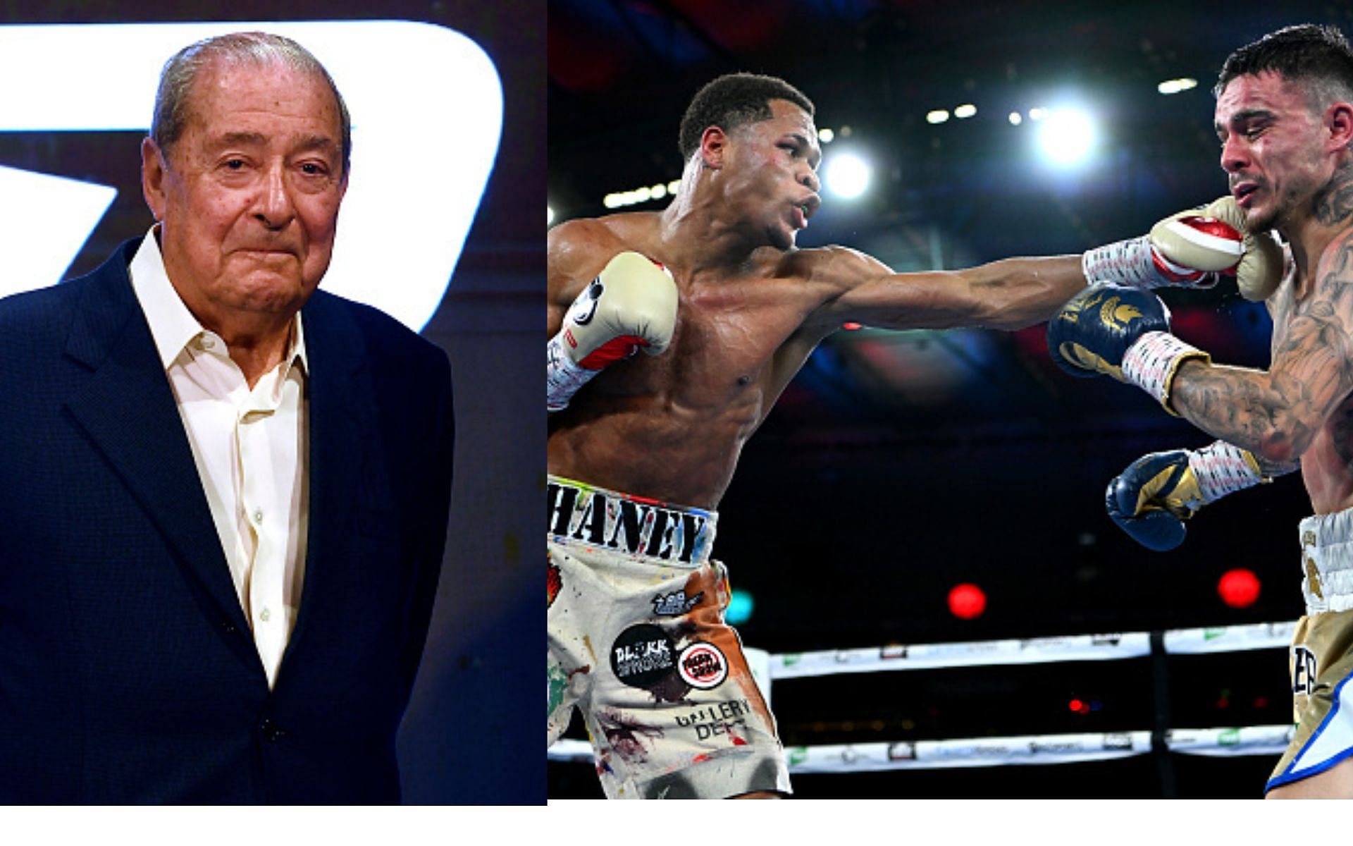 (L-R) Bob Arum, Devin Haney and George Kambosos Jr.