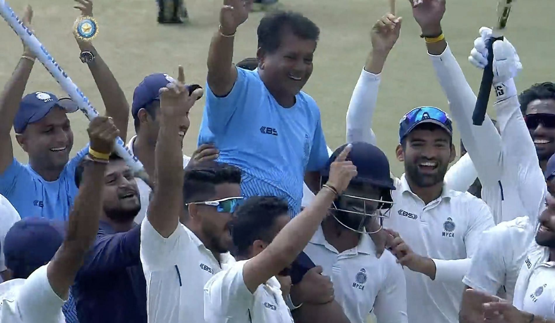 Madhya Pradesh celebrate after winning their maiden Ranji Trophy title. Pic: BCCI