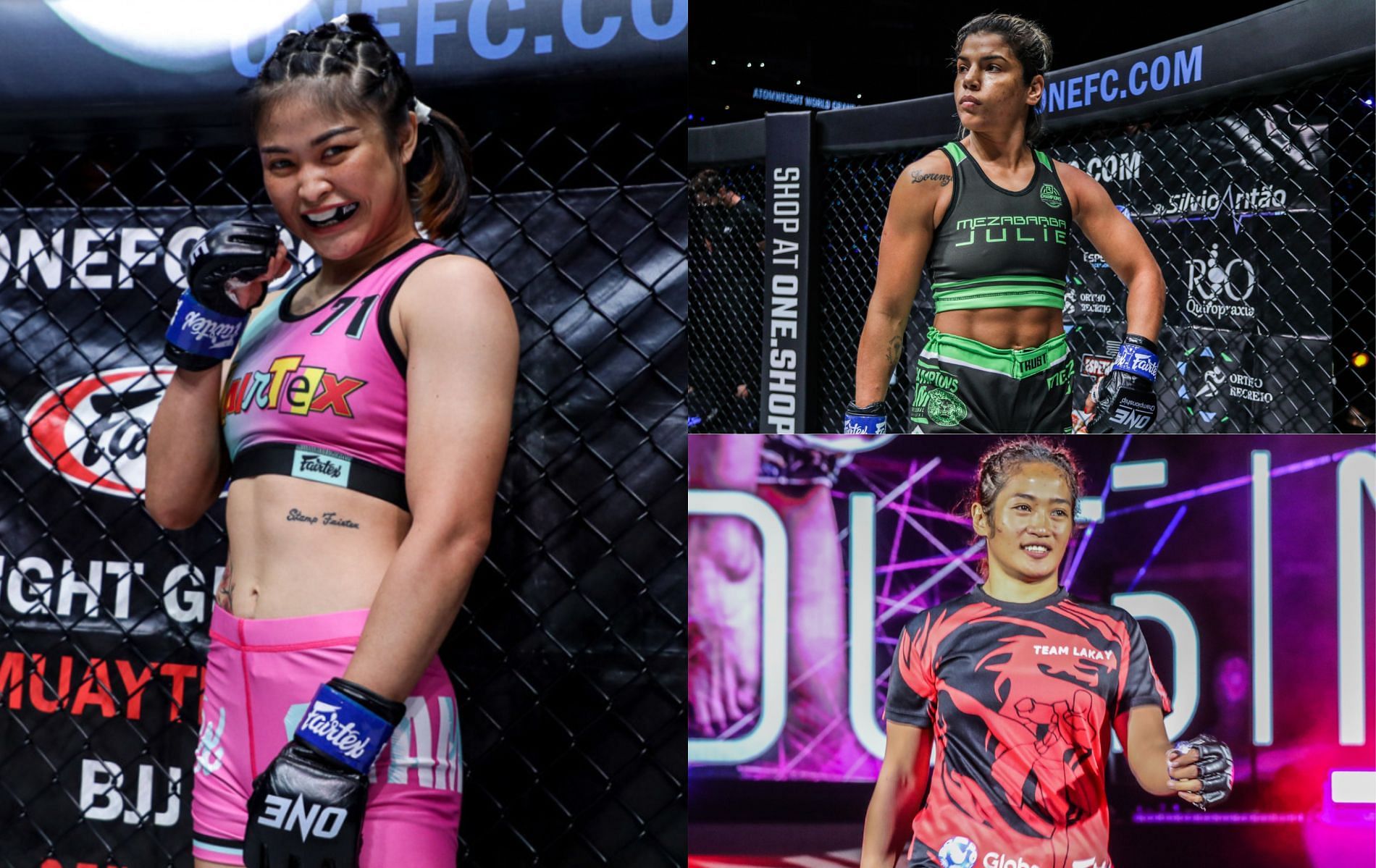 Stamp Fairtex (left), Julie Mezabarba (top right), and Jenelyn Olsim (bottom right) [Photo Credit: ONE Championship]