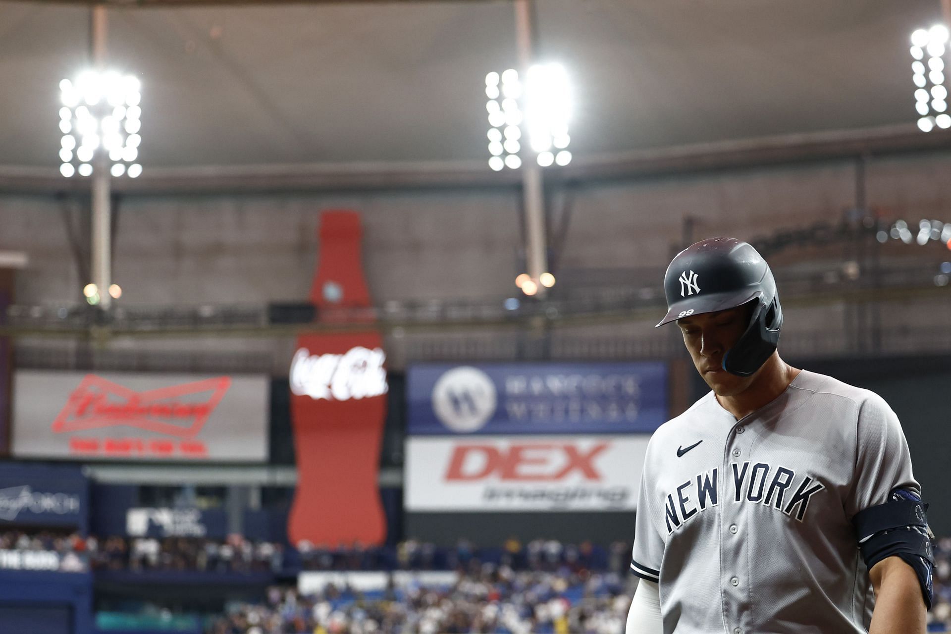 Marwin Gonzalez of the New York Yankees reacts after reaching