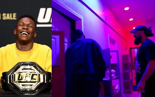 Israel Adesanya's coach Eugene Bareman plays a hilarious prank on the middleweight champion. [ image credit: YouTube/freestylebender ]