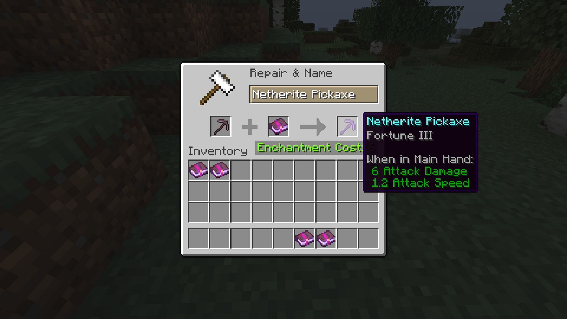 Fortune 3 enchanted book being applied on a Netherite pickaxe (Image via Minecraft 1.19)