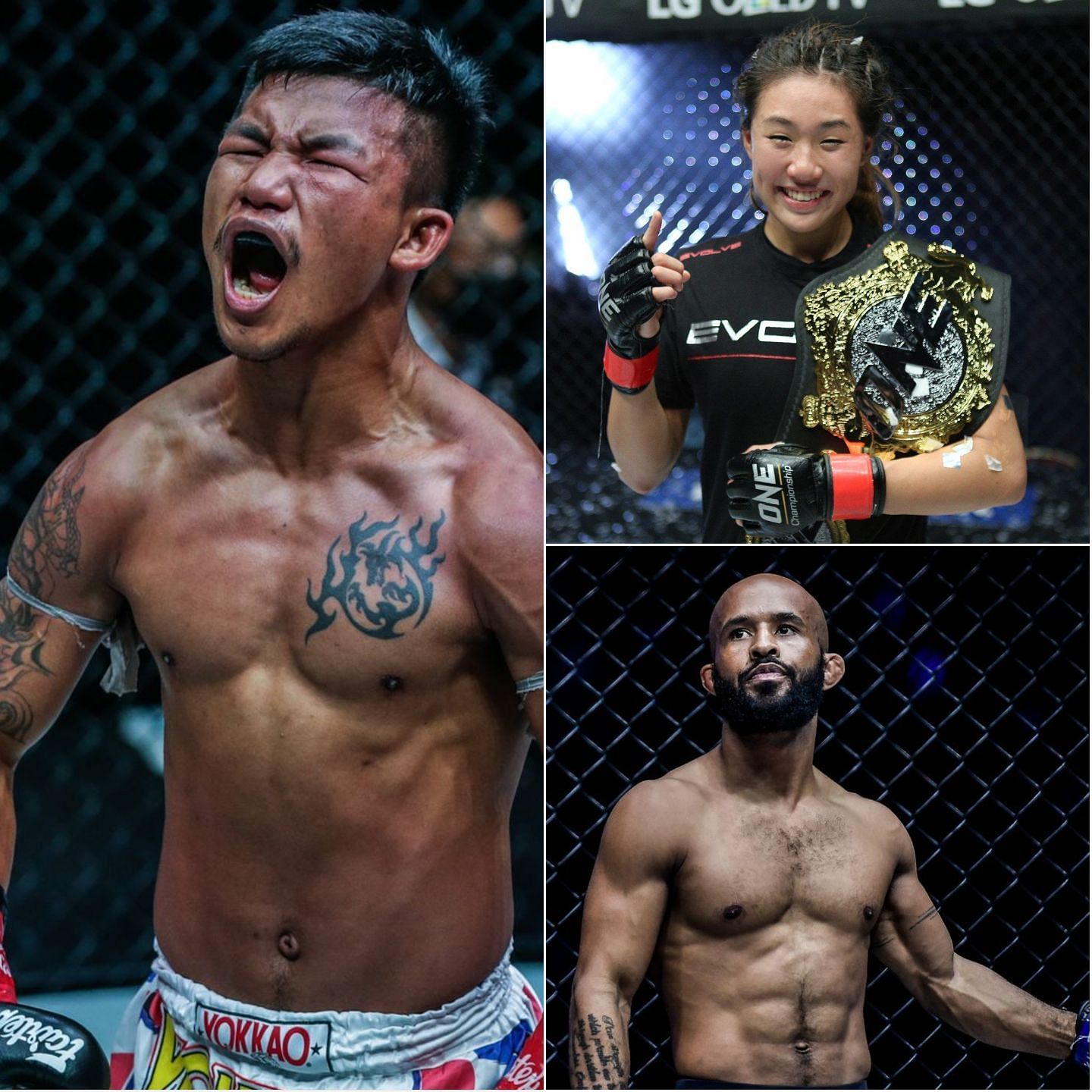 Rodtang Jitmuangnon (left), Angela Lee (top right), and Demetrious Johnson (bottom right)