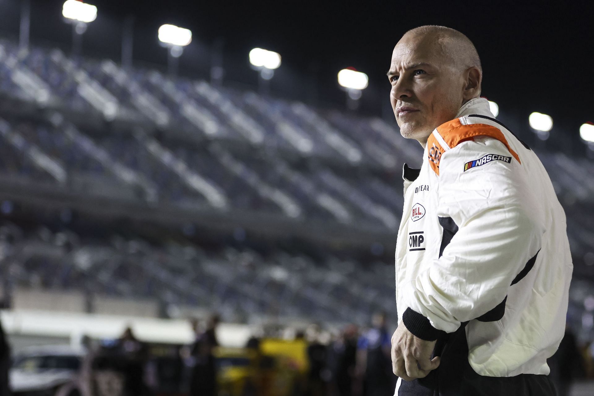 Jacques Villeneuve waits on pit lane during qualifying for the NASCAR Cup Series 64th Annual Daytona 500 at Daytona International Speedway on February 16, 2022 in Daytona Beach, Florida. (Photo by James Gilbert/Getty Images)