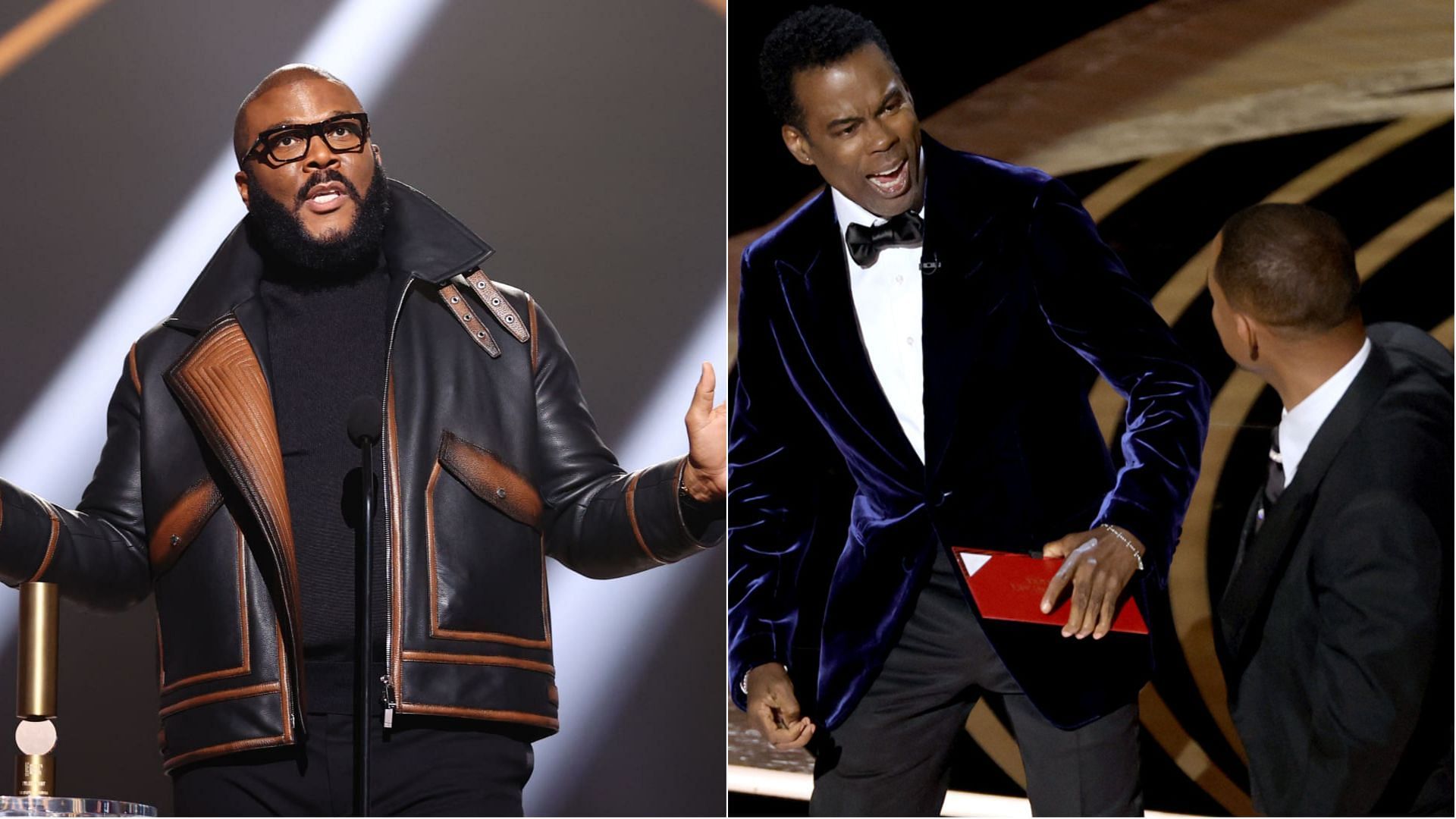 Tyler Perry was photographed standing with Will Smith after he infamously smacked Chris Rock during the 2022 Academy Awards. (Image via Getty Images/Christopher Polk/Neilson Barnard)