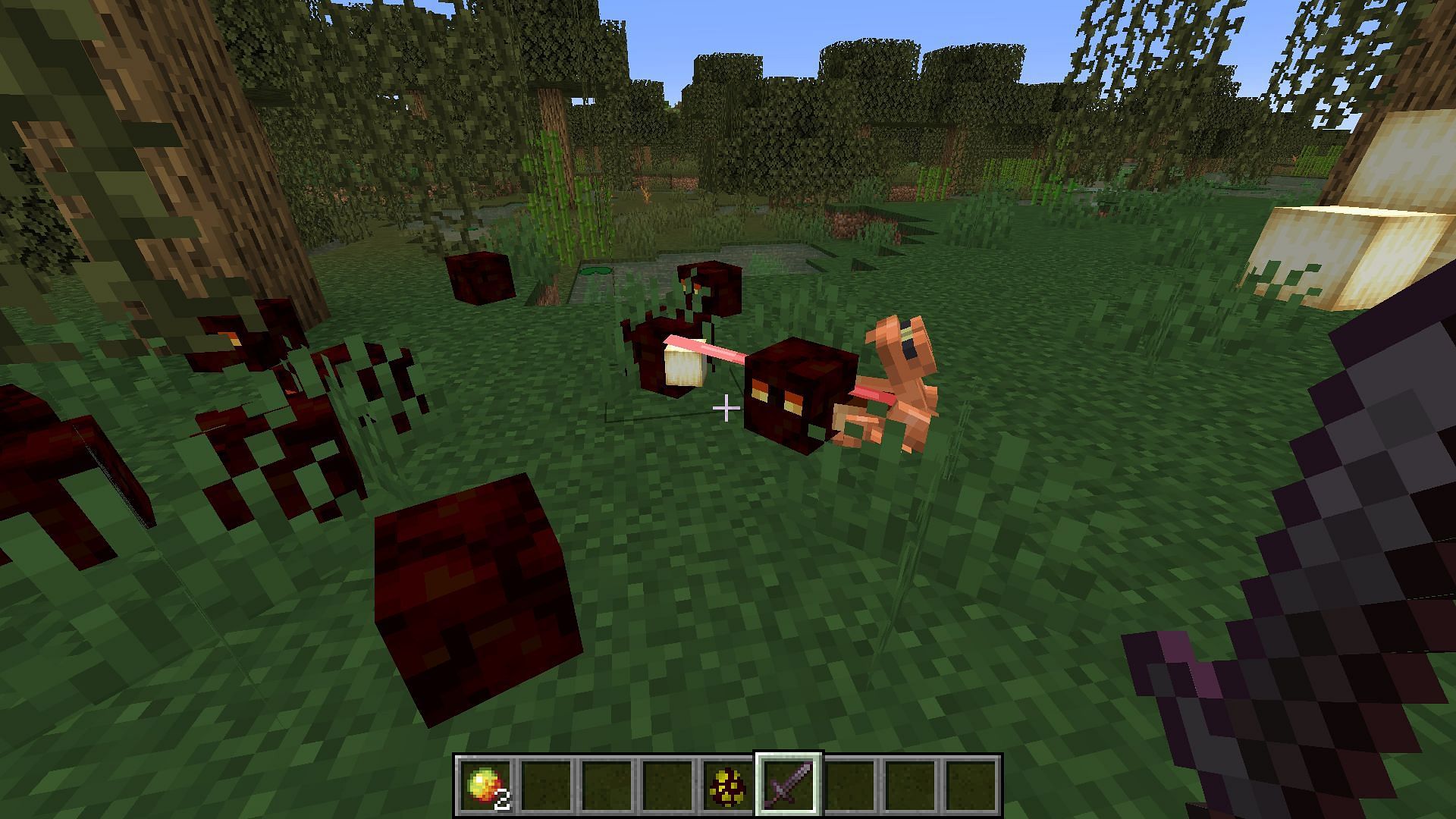 Frogs eating magma cubes and dropping a green variant of the light block (Image via Mojang)