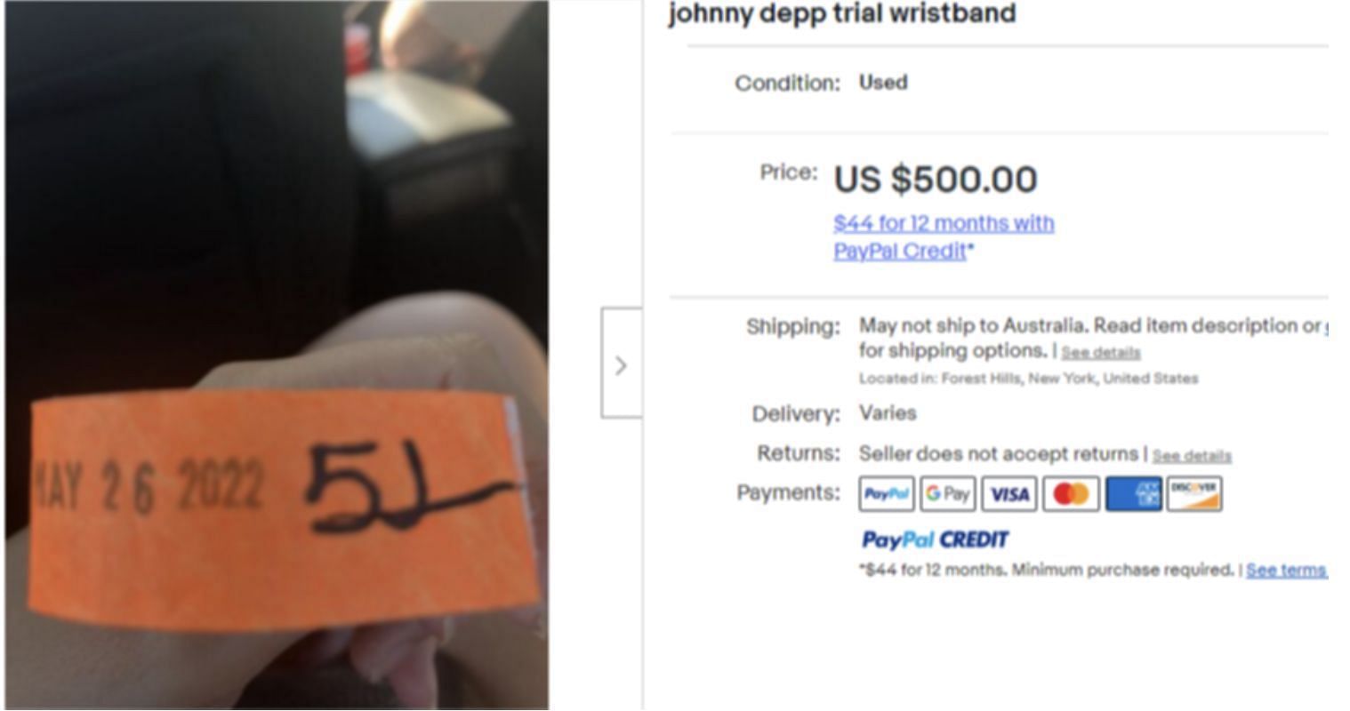 An orange wristband from the Depp v Heard trial (Image via ebay.com)