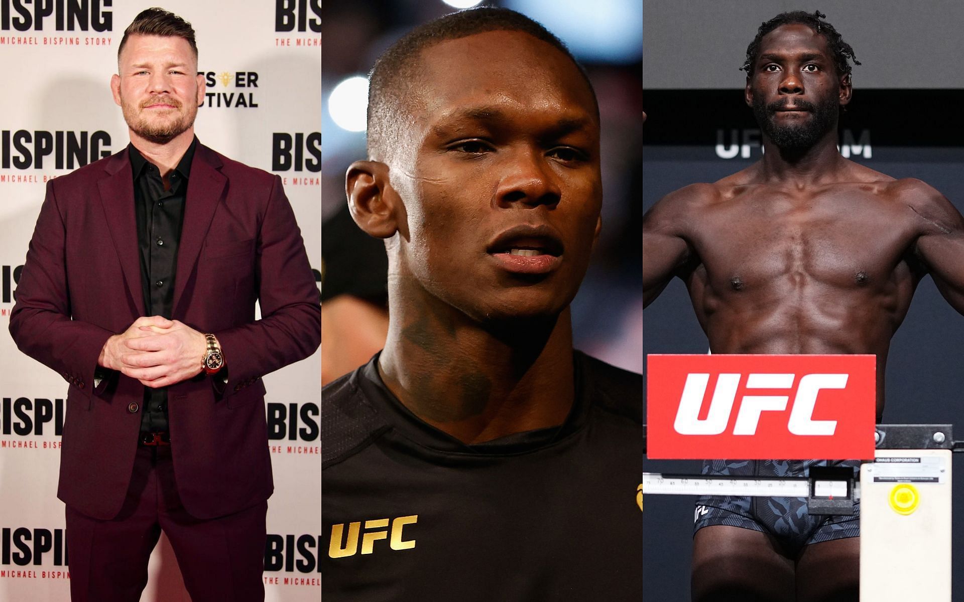Michael Bisping (left, image courtesy of @mikebisping on Instagram); Israel Adesanya and Jared Cannonier (center and right, images courtesy of Getty)