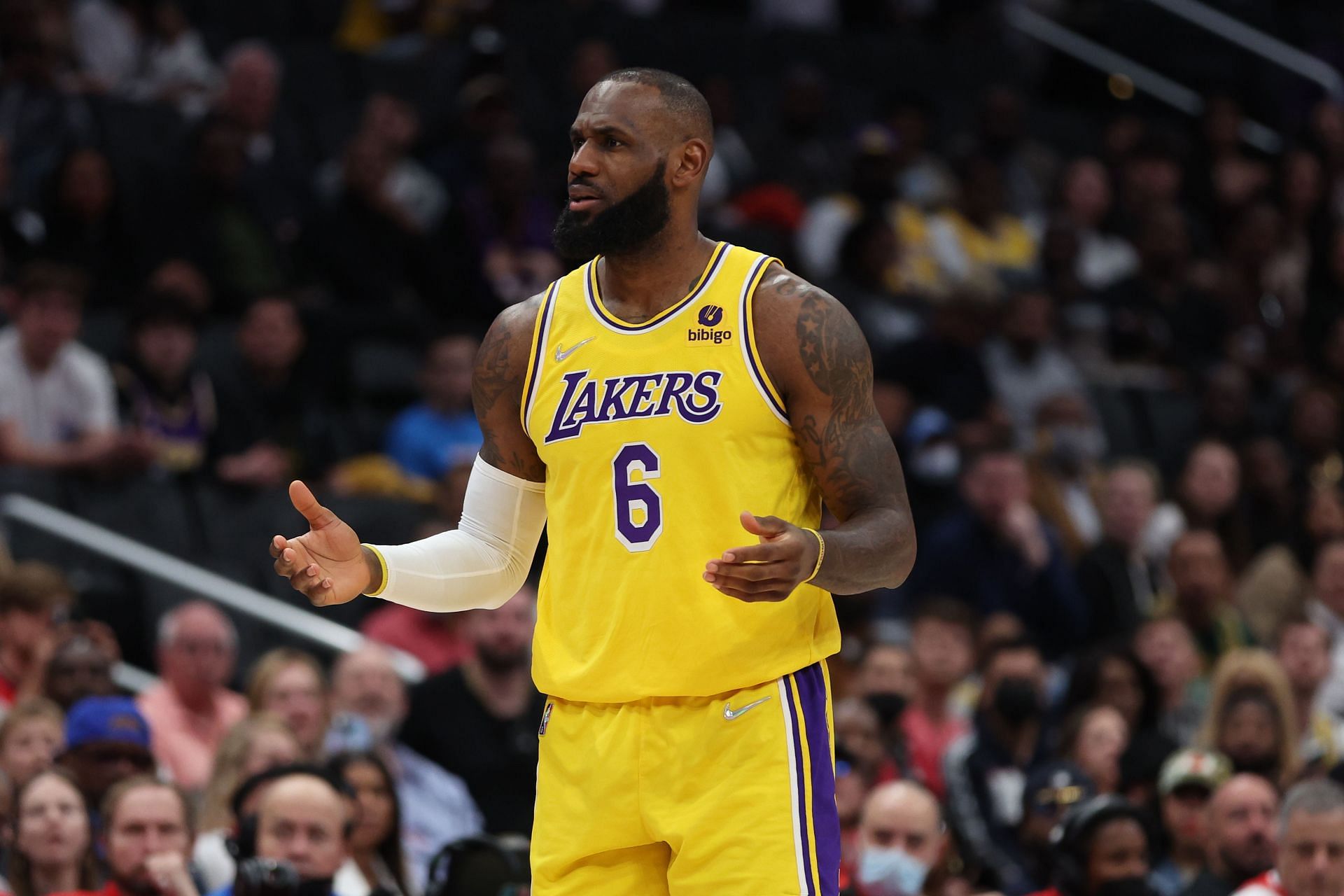 LeBron James of the LA Lakers reacts during a game