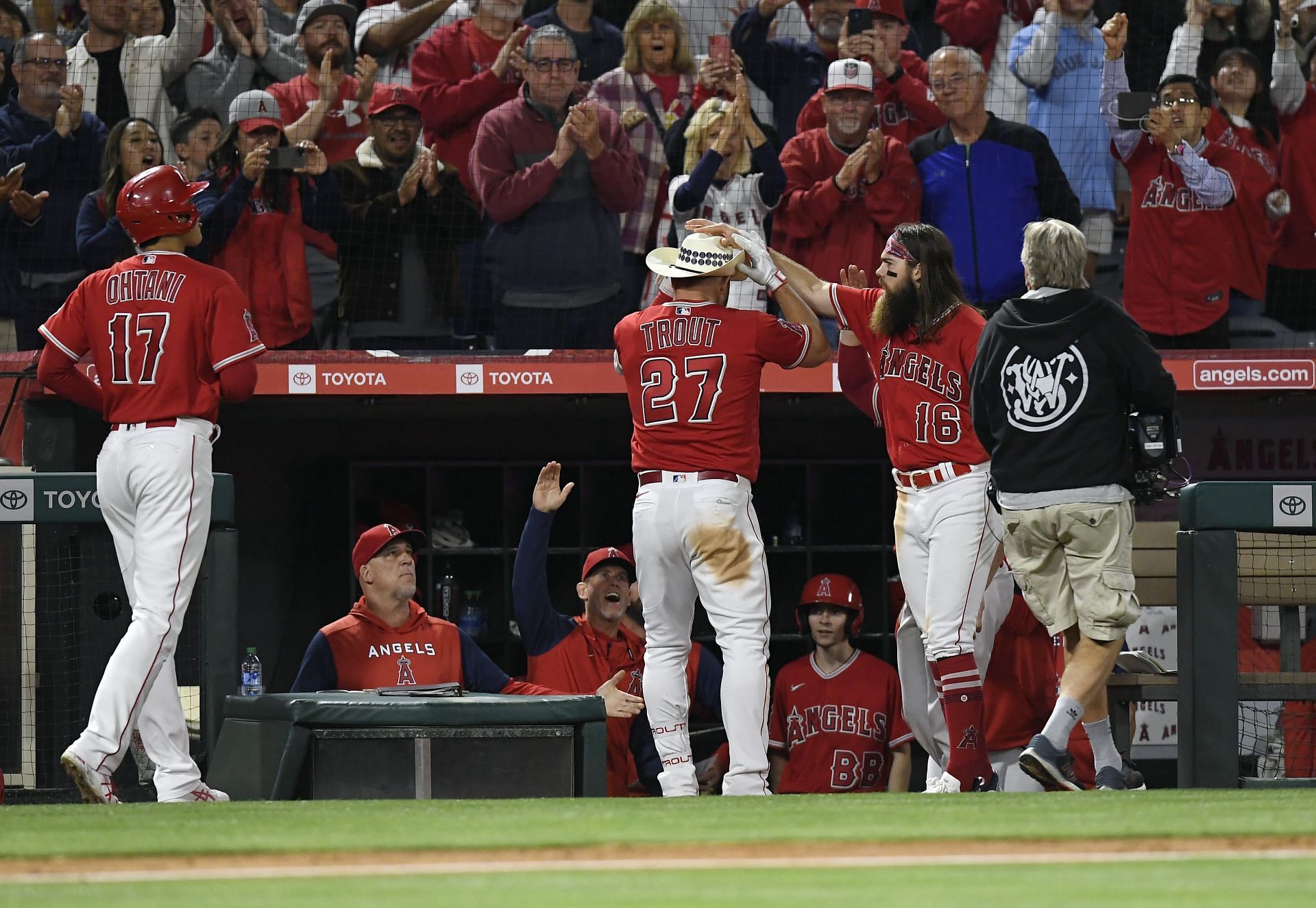 Trout is given the home run hat during a Los Angeles Angels v Toronto Blue Jays game.