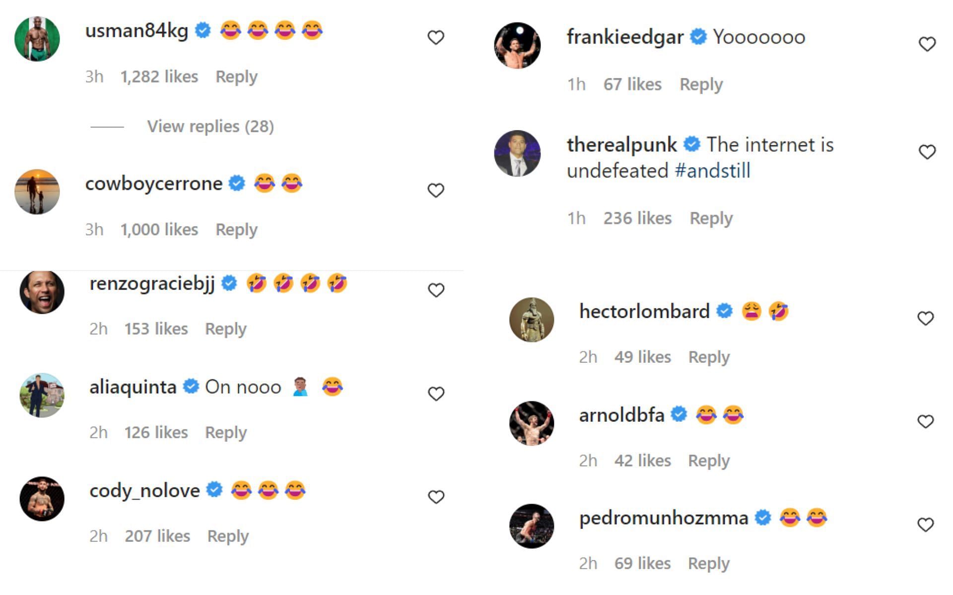 Screenshots of fighter comments on Rogan&#039;s Instagram post
