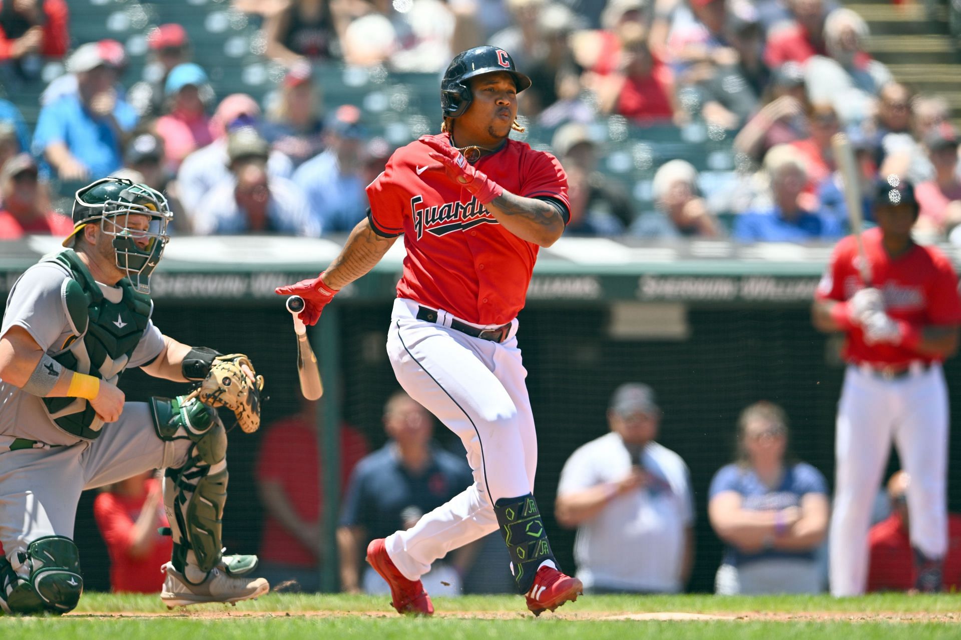 Dominican Jose Ramirez gets a hit for the Cleveland Guardians against the Oakland Athletics.