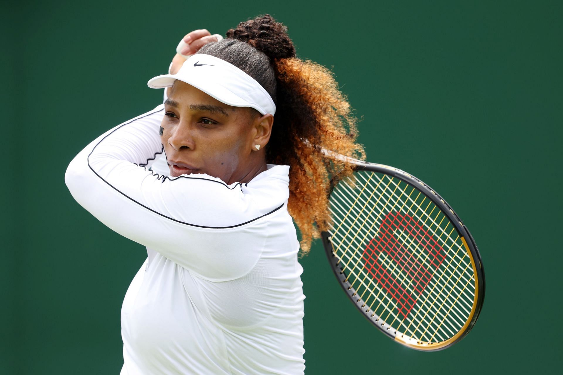 Serena Williams plays a backhand during a training session ahead of the 2022 Wimbledon Championships