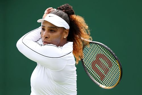 Serena Williams plays a backhand during a training session ahead of the 2022 Wimbledon Championships