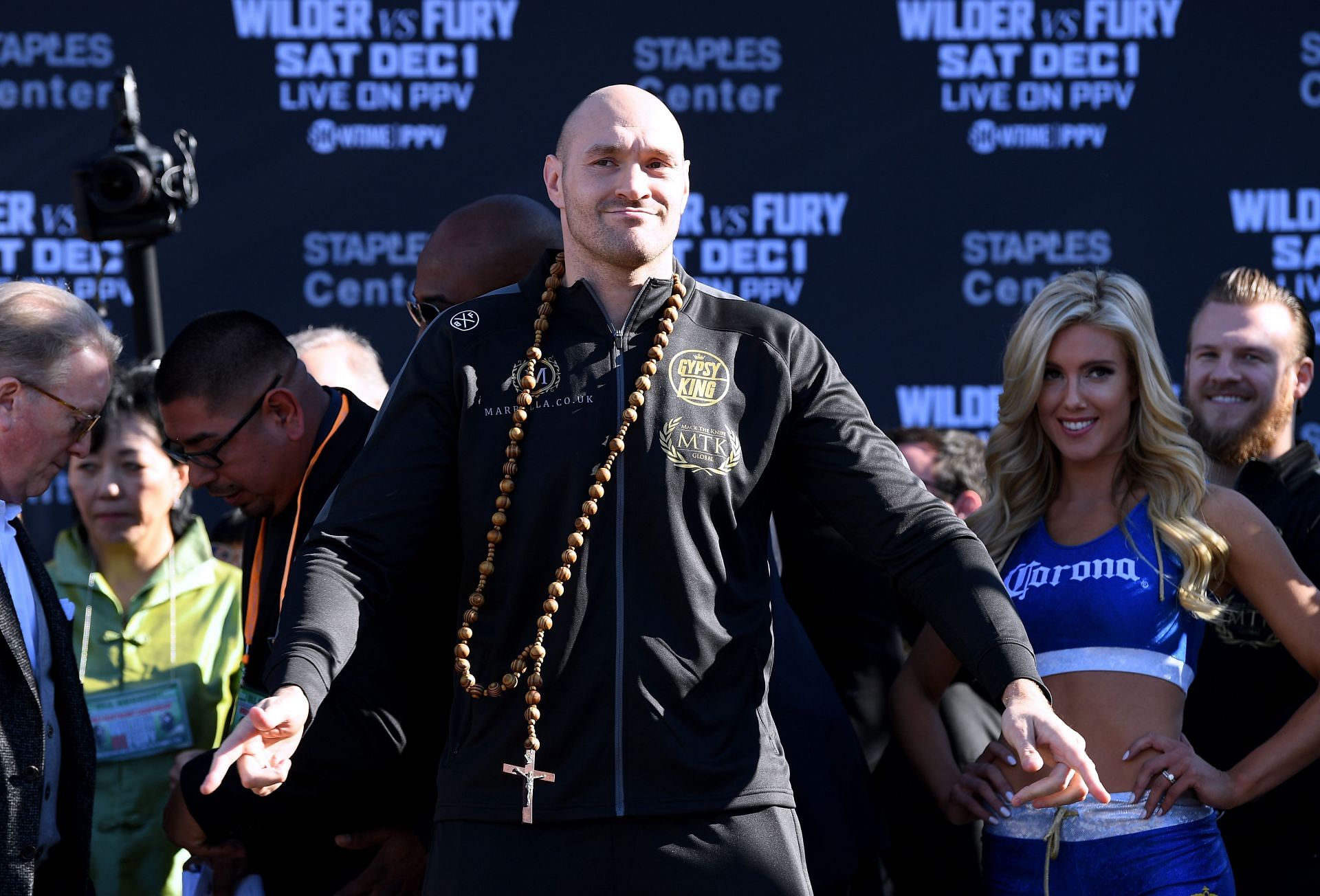Tyson Fury with the MTK logo on his chest during the Wilder-Fury 1 build-up