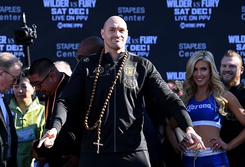 Tyson Fury with the MTK logo on his chest during the Wilder-Fury 1 build-up