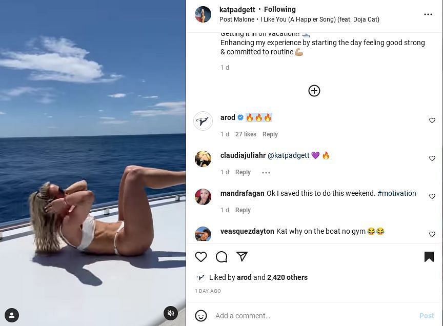 Alex Rodriguez leaves a comment on Kathryne Padgett&#039;s IG video.