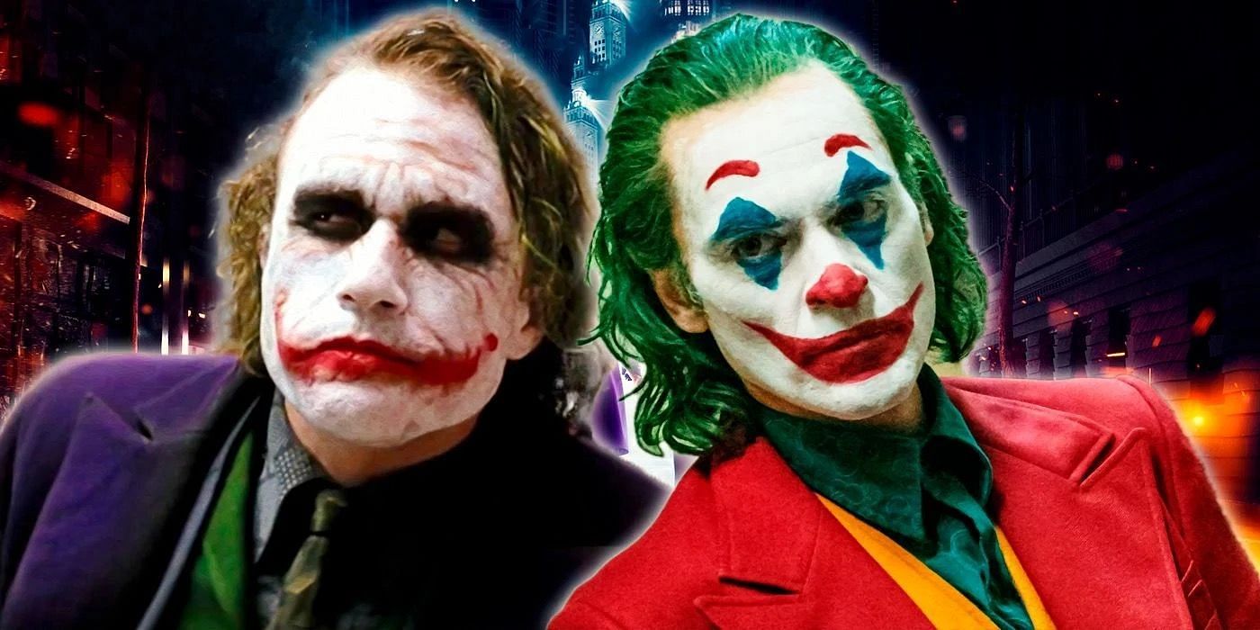 Ledger and Phoenix as the clown prince of crime (Image via Warner Bros.)