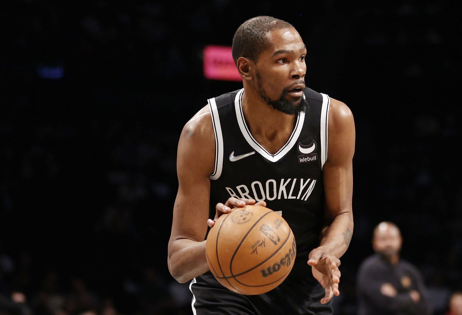 Kevin Durant of the Brooklyn Nets looks to pass during the first half of an Eastern Conference play-in game against the Cleveland Cavaliers at Barclays Center on April 12y.