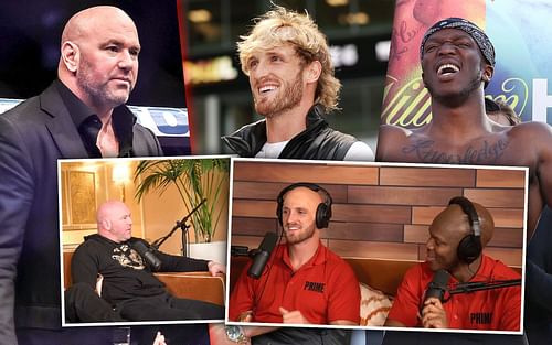 (Front images L-R) Dana White, Jake Paul, KSI (via @Logan Paul on YouTube), (Back images L-R), White, Paul, KSI (via Getty)