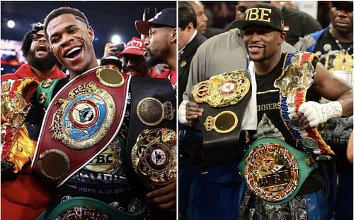 Devin Haney (left), Floyd Mayweather Jr. (right) - Images via @realdevinhaney, @floydmayweather on Instagram