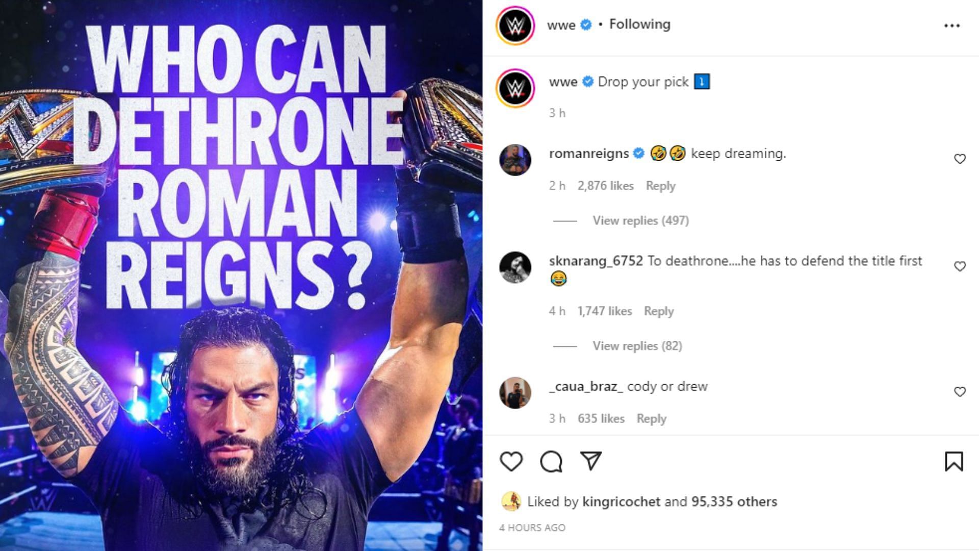 रोमन रेंस ने खुद WWE की पोस्ट पर जवाब दिया