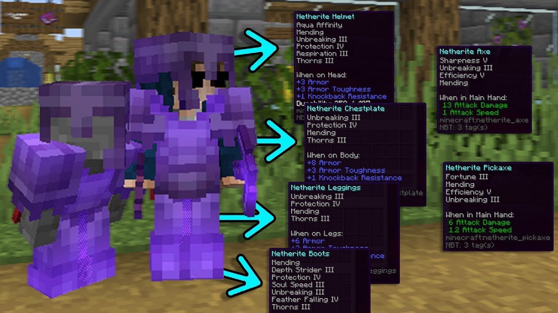 Various Minecraft enchantments applied to Netherite armor (Image via MLGLOL80/YouTube)