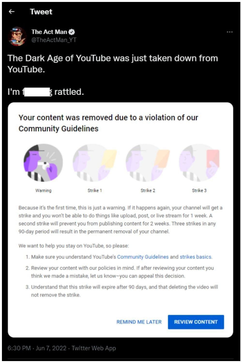 ActMan decided not to be quiet about how YouTube was treating him (TheActMan/Twitter)