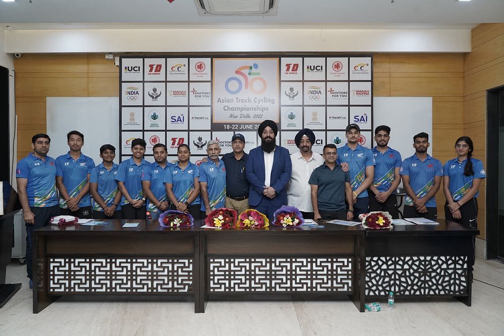 Members of the Indian cycling contingent with team jersey ahead of the Asian Track Cycling Championships in New Delhi. Pic credit CFI